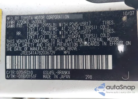 2008 Toyota Highlander z USA, uszkodzony, nr VIN JTEES41A782036729